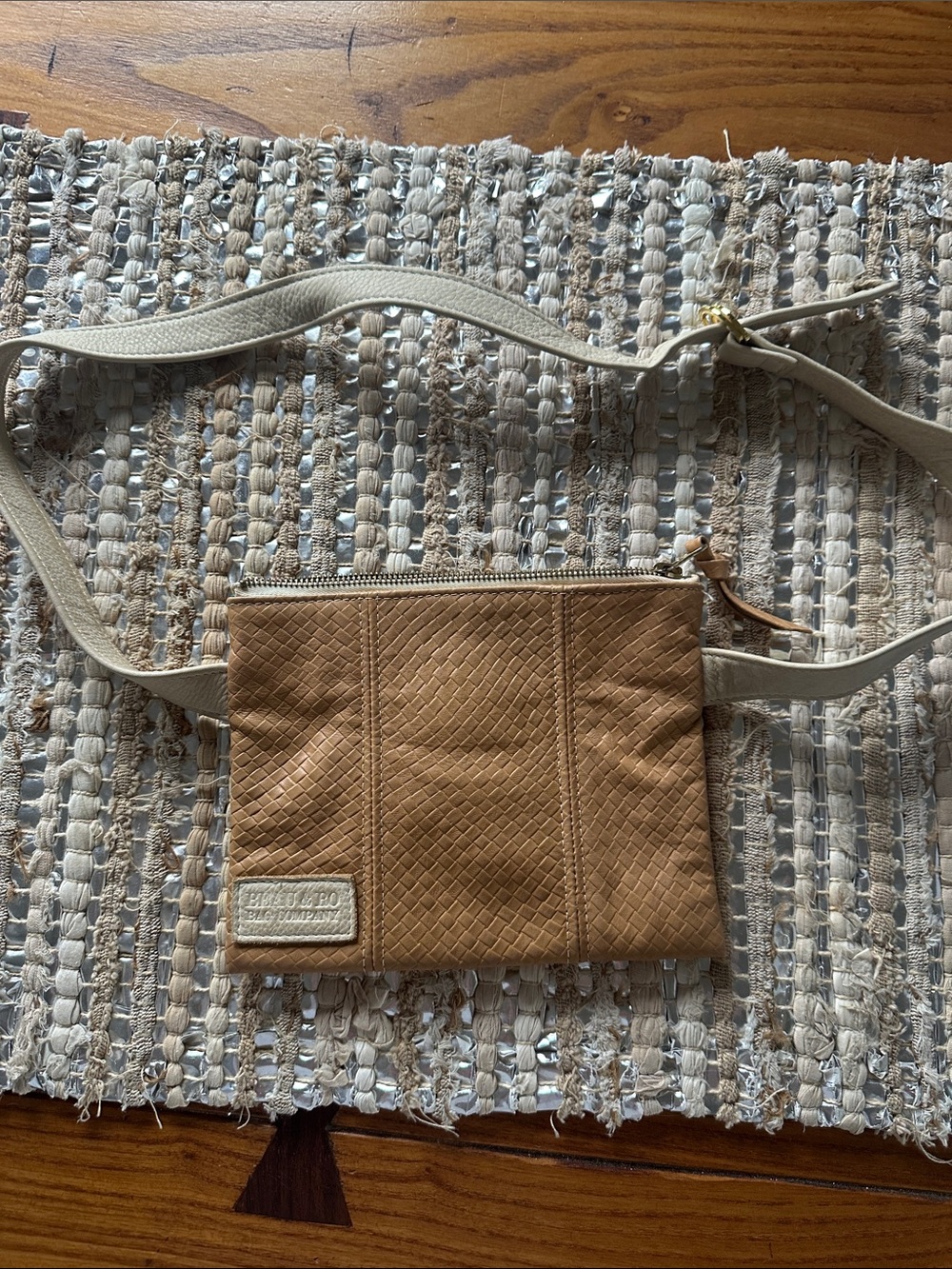Woven-Texture Tan Crossbody or Fanny pack Bag with Cream Strap